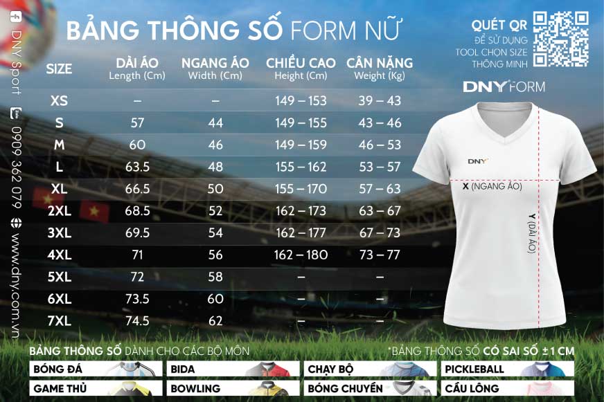 Bảng thông số áo bóng đá nữ